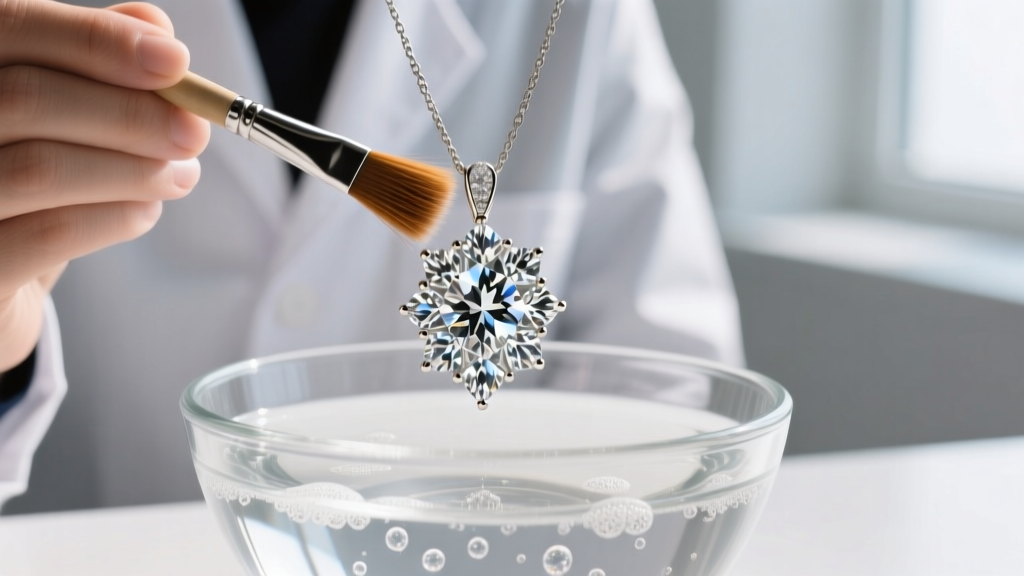 Jeweler using a soft horsehair brush to gently clean a diamond cluster pendant in a glass bowl of mild soapy water, macro shot.