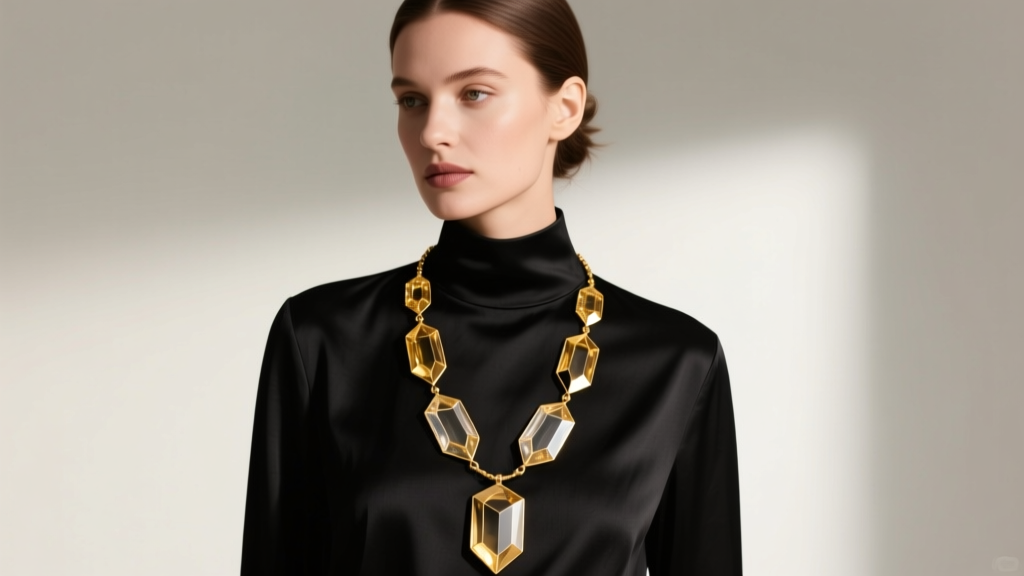 Elegant woman wearing a 32-inch gold vermeil long statement necklace with large geometric resin pendants over a black silk blouse