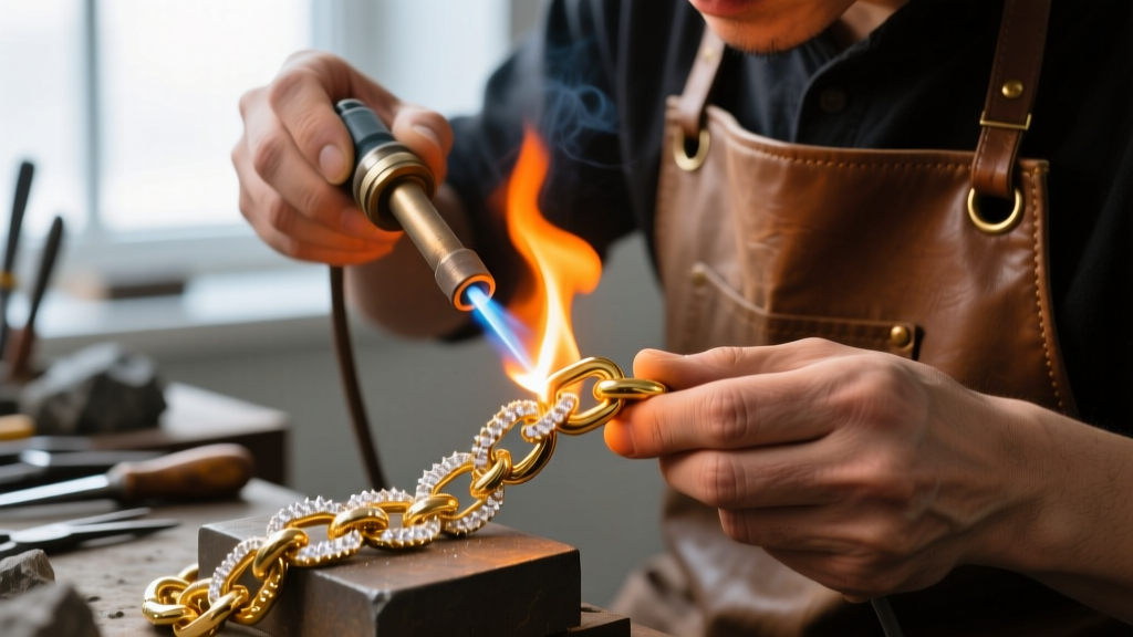 Close-up of a jeweler using a torch to solder a heavy gold chain clasp, showing bright orange flames and white flux.