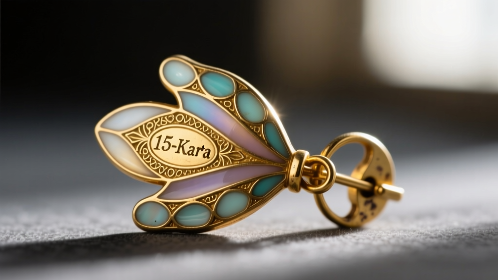 Loupe view of a Victorian guilloche enamel hand-shaped earring clasp, highlighting 15k gold hallmarks and antique hinge wear.