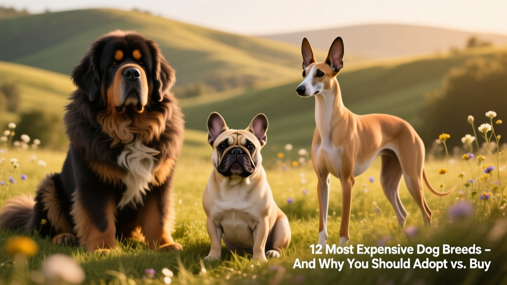 A diverse group of dogs including a Tibetan Mastiff, French Bulldog, and Pharaoh Hound sitting calmly on grass