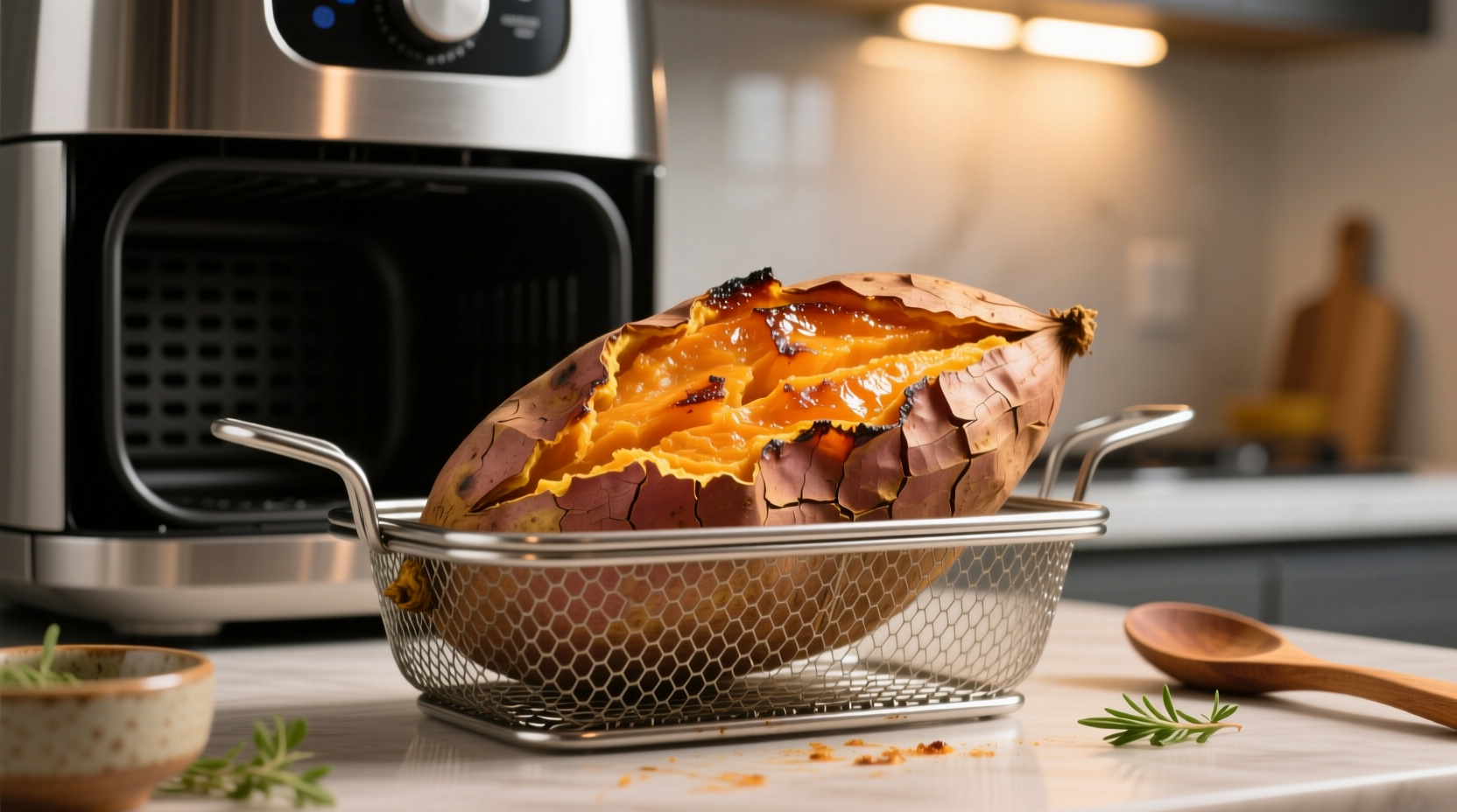 Golden brown sweet potato with crispy skin in air fryer basket