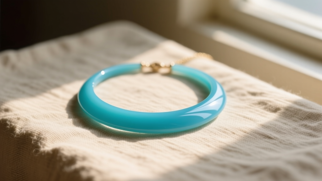 Vibrant sky-blue turquoise disk necklace resting on textured beige linen, illuminated by soft natural morning light from a window