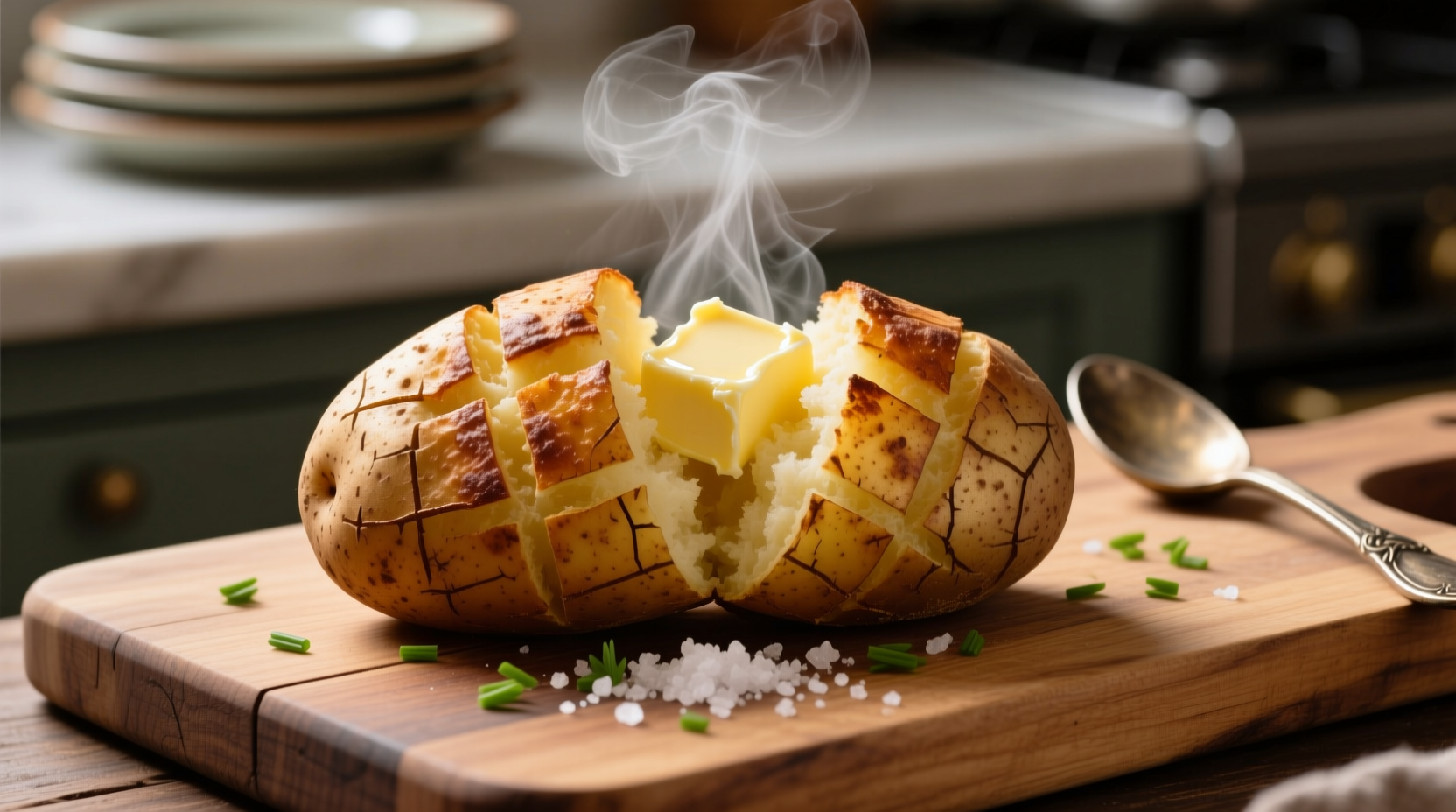 Crispy baked potato with steam rising from cut surface