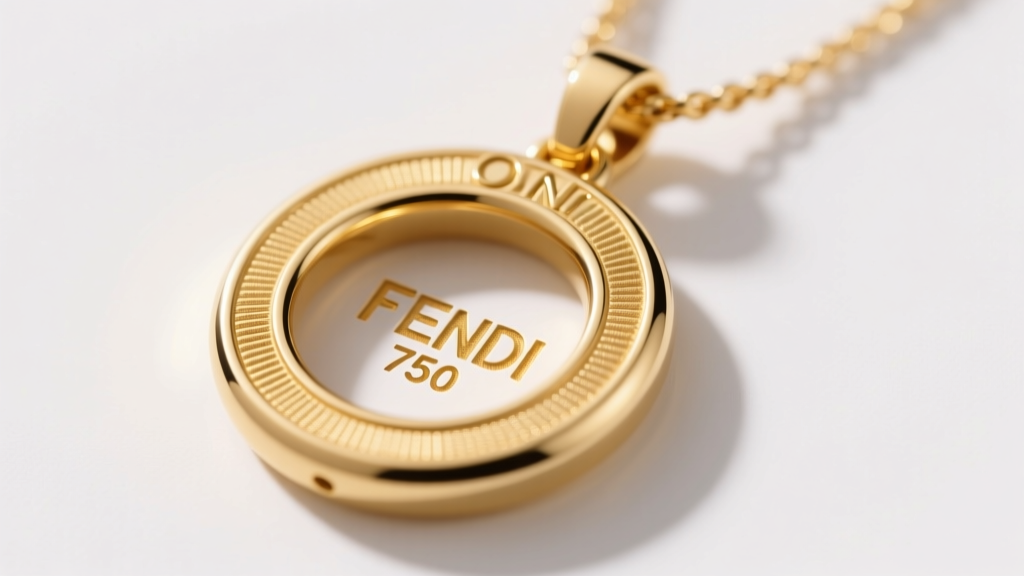 Close-up of an 18k yellow gold Fendi OLock necklace pendant showing the deep laser-engraved 750 hallmark and crisp logo stamp.