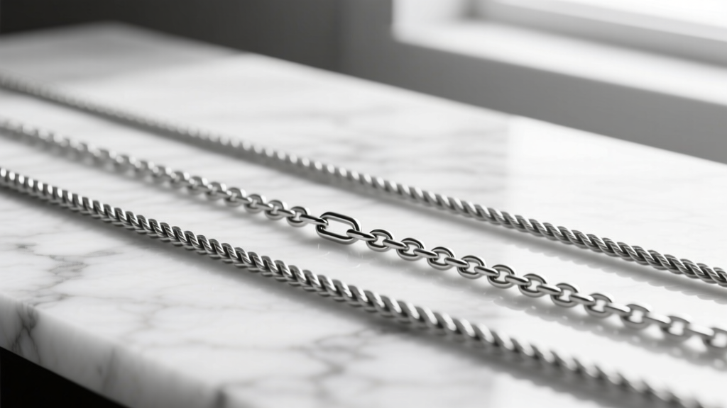 Macro photography comparing three silver rope chains of 1mm, 3mm, and 5mm thicknesses laid flat on a textured marble surface