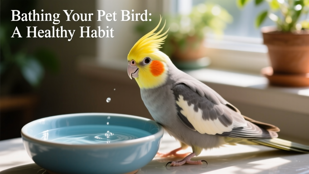 Close-up of a cockatiel perched beside a shallow blue bowl filled with water, head tilted curiously