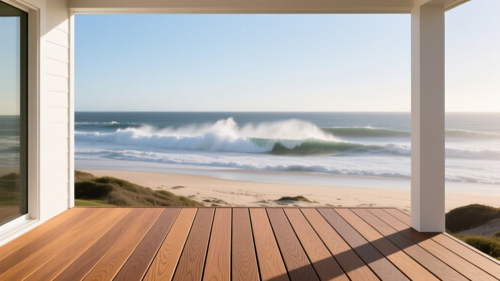 Close-up of capped polymer decking boards installed on a coastal home overlooking a sandy beach and crashing ocean waves