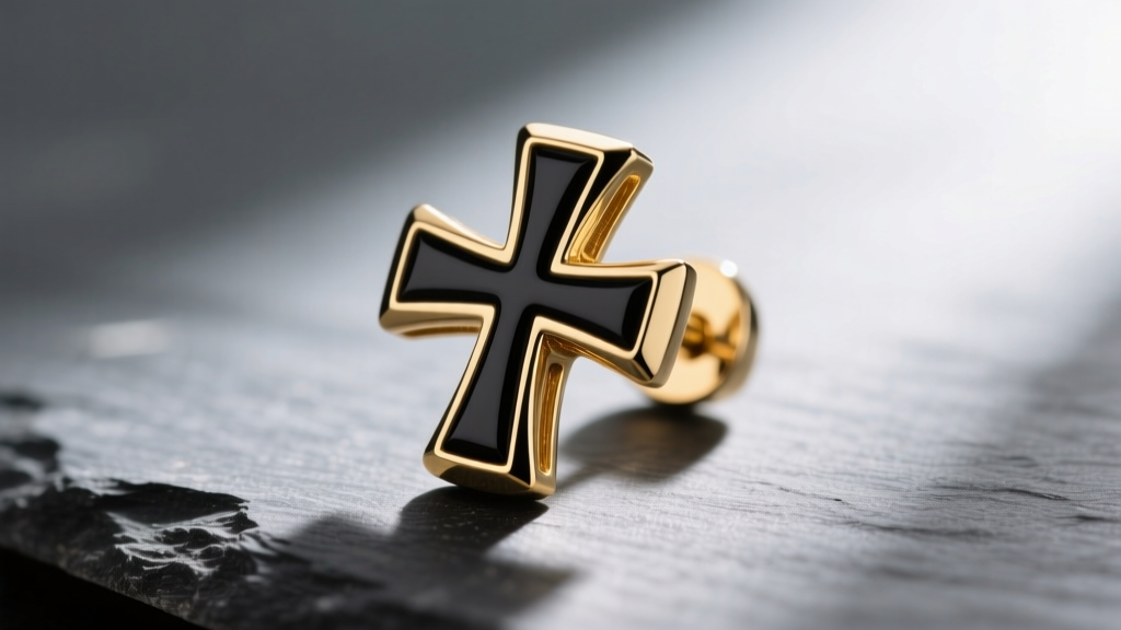 Macro shot of a 14k gold black cross earring with PVD coating on slate, side lighting highlighting beveled edges and matte finish.