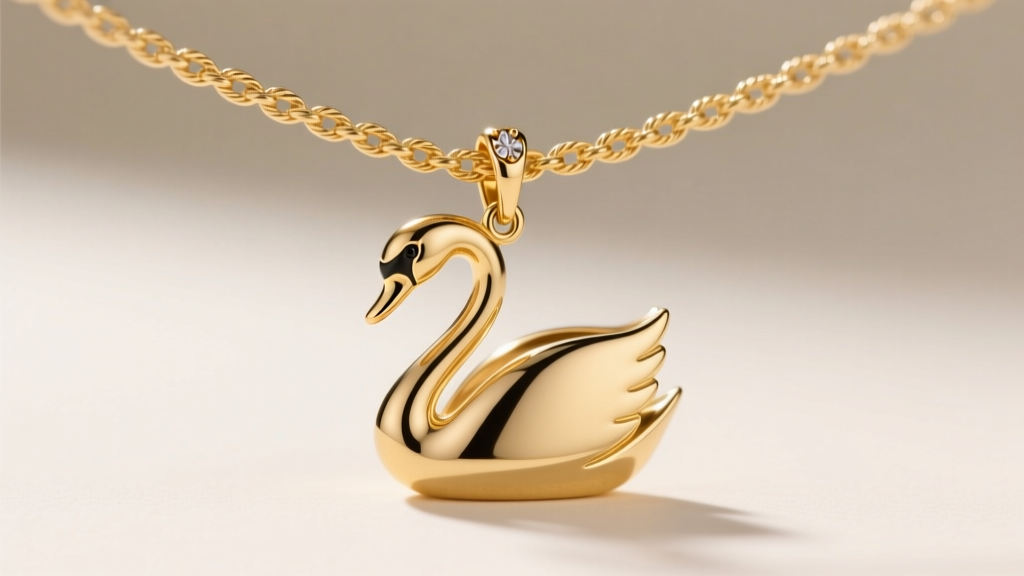 Close-up of a 1.2mm gold rope chain threading through a swan pendant bail, featuring a secure micro-lobster clasp.