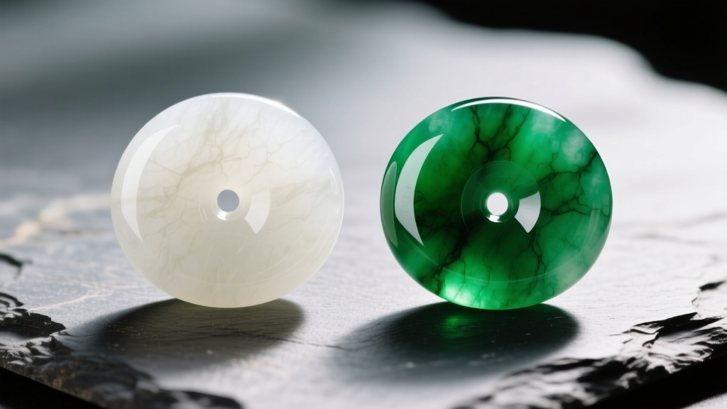 Macro comparison of creamy white Hetian nephrite and vibrant green imperial jadeite cabochons resting on slate in natural daylight