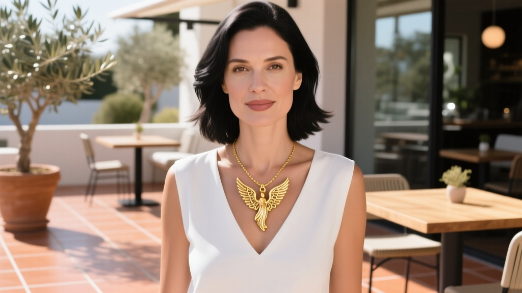Woman in white V-neck top wearing an 18-inch gold angel pendant necklace, photographed in a bright, sunlit outdoor cafe setting.
