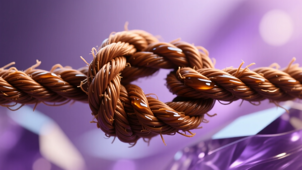 Macro view of brown waxed cotton cord tied in a sliding knot, highlighting textured fibers against a blurred amethyst background.