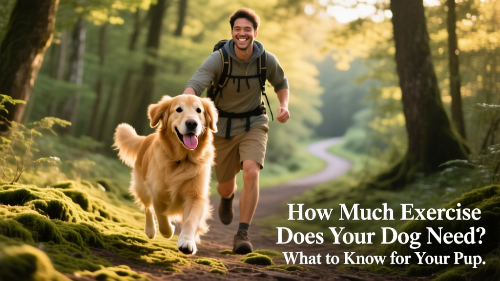A golden retriever happily trotting beside its owner on a sunlit trail
