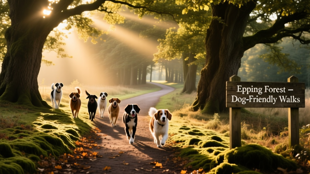 Dogs walking along a leafy path in Epping Forest, surrounded by tall oak trees