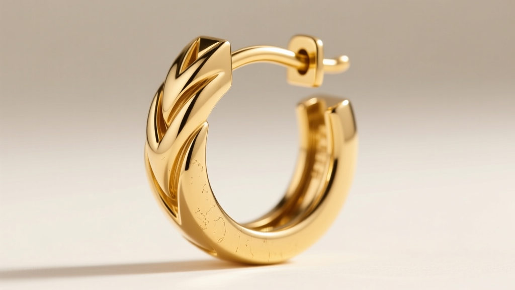 Macro shot of a 14k yellow gold latch back hoop earring, highlighting the V-groove catch and tension post mechanism