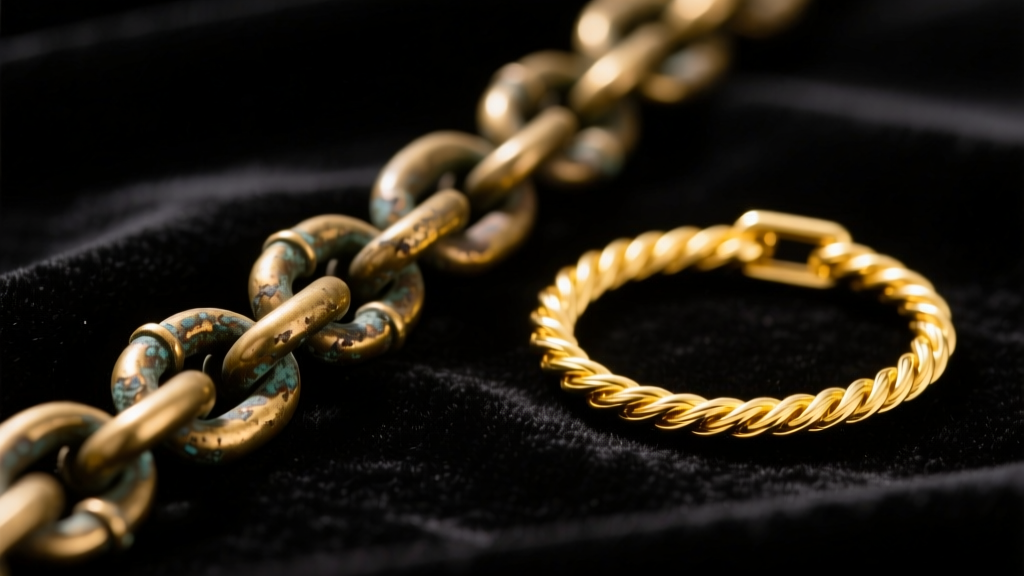 Macro shot of a tarnished brass chain next to a pristine 18k yellow gold rope chain resting on dark velvet under studio lighting