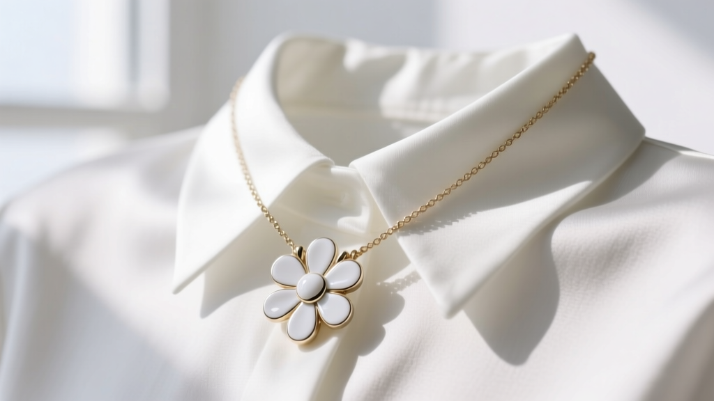 Close-up of a Kate Spade white enamel daisy necklace resting on a crisp white silk blouse collar, soft natural morning light.