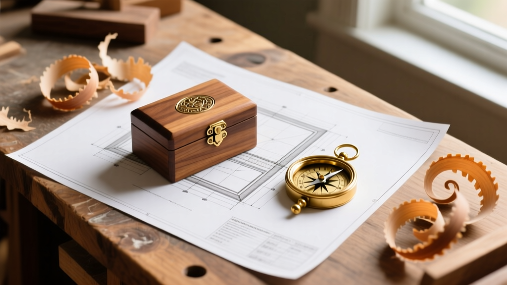 Overhead view of a paper blueprint for a wooden jewelry box on a workbench beside a brass compass and curled wood shavings.