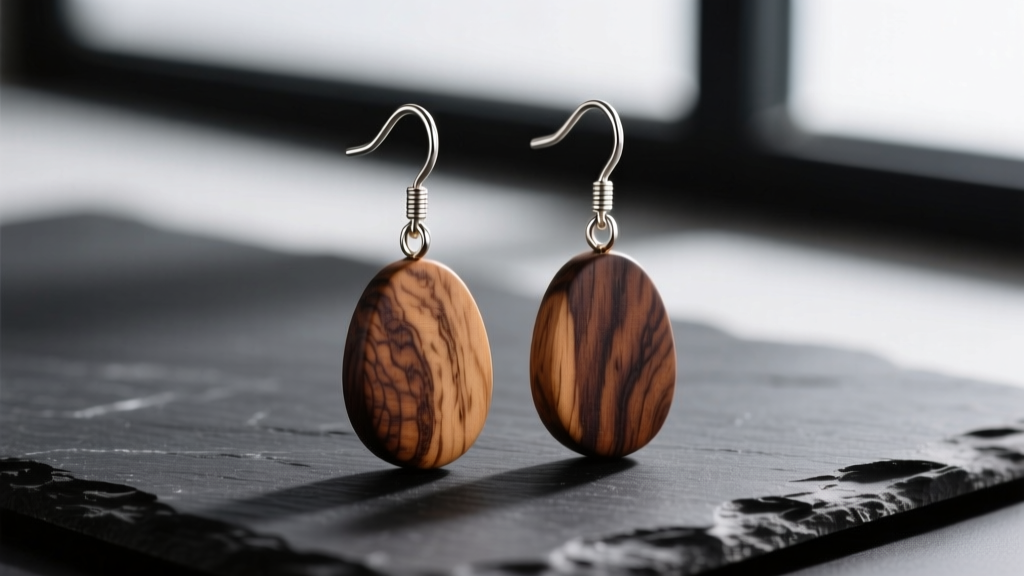 Macro shot of handcrafted walnut wood dangle earrings with titanium hooks on dark slate under soft directional lighting