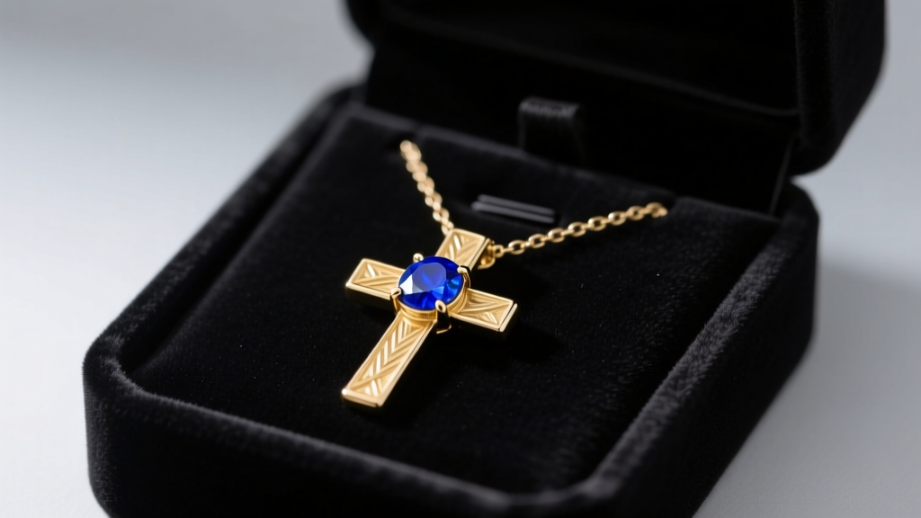 14k gold cross necklace with a bezel-set blue lapis lazuli stone resting on a dark velvet display box under soft studio lighting