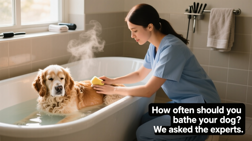 A veterinarian gently bathing a calm, medium-coated dog in a clean grooming tub