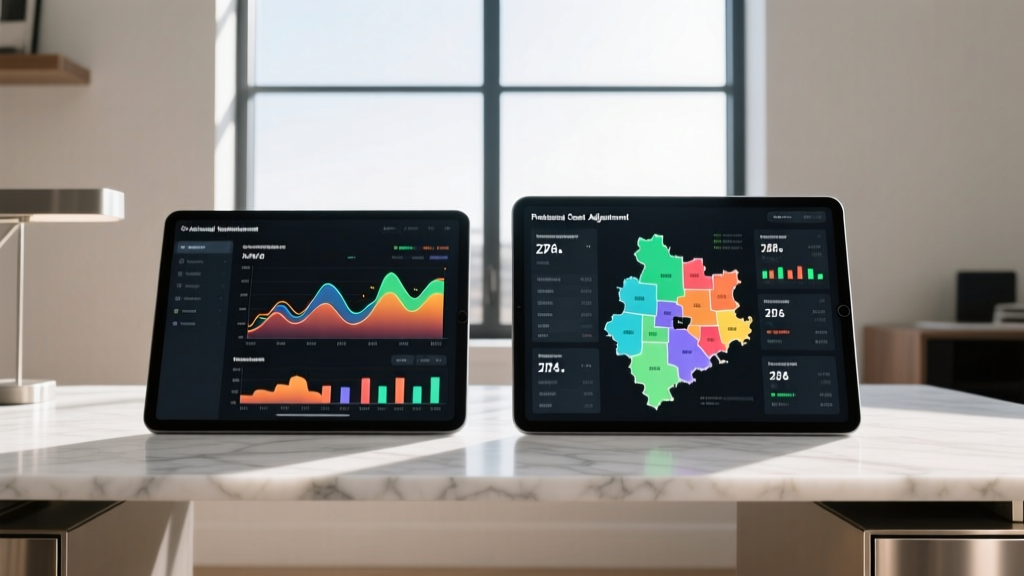 Digital dashboard showing a national house building cost estimate next to a localized regional price adjustment matrix with zip code data