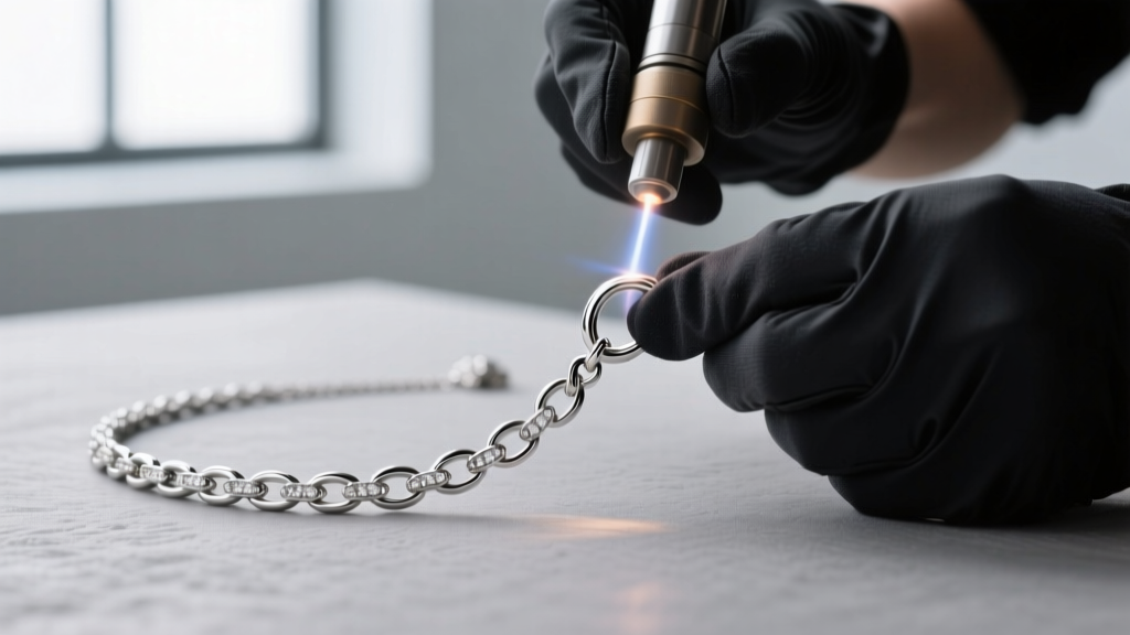 Jeweler laser-welding a jump ring on the end of a platinum train necklace drop to ensure long-term structural jewelry durability