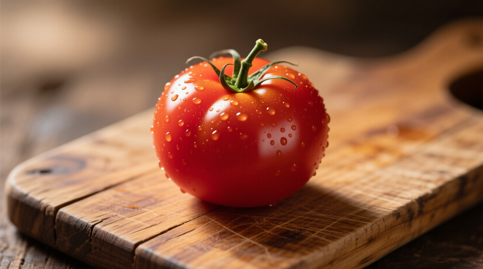 Fresh red tomato on wooden cutting board