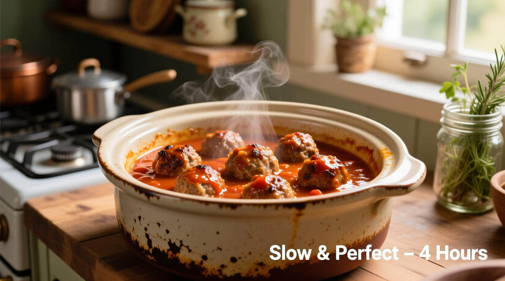 Perfectly cooked frozen meatballs in slow cooker with sauce