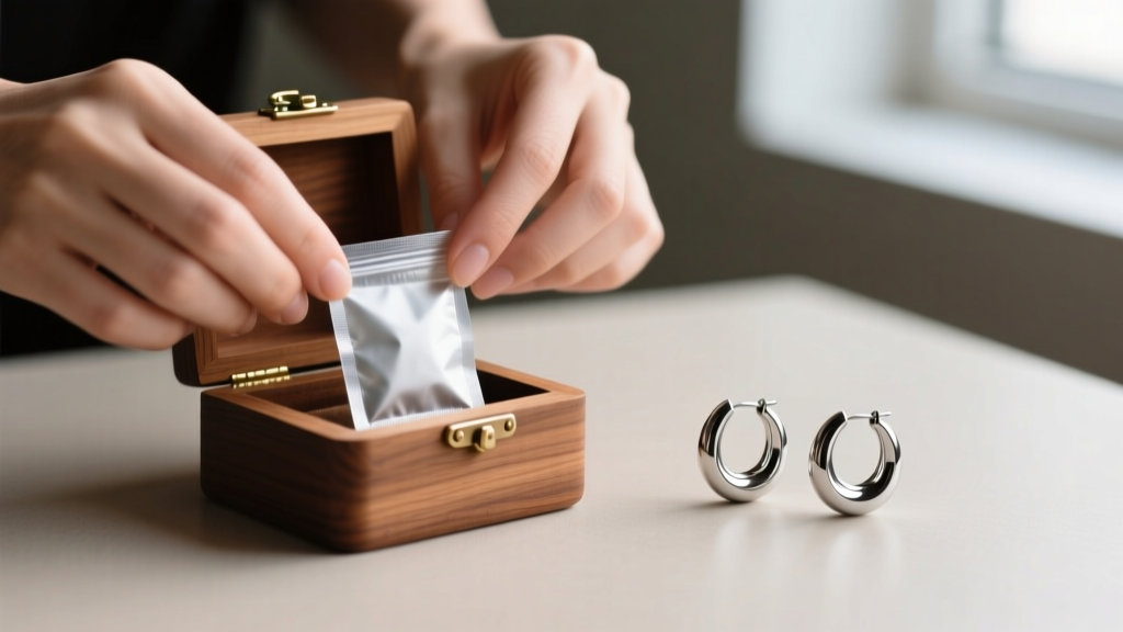 Hands placing an anti-tarnish silica packet into a cedar box next to a pair of polished surgical steel huggie hoop earrings