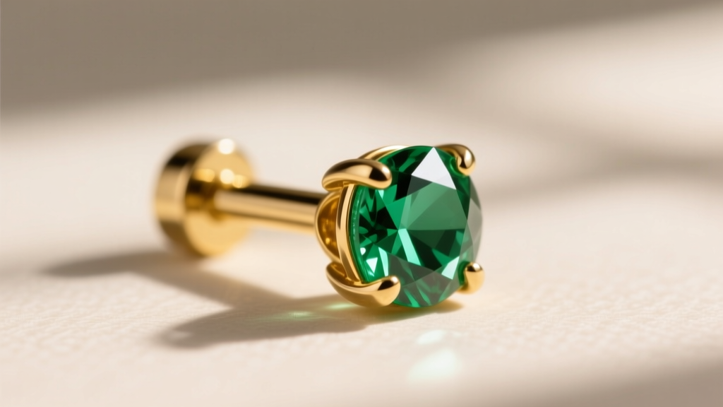 Macro view of a 14k gold threadless cartilage stud with a prong emerald, showing the precision-machined pin and post joint.