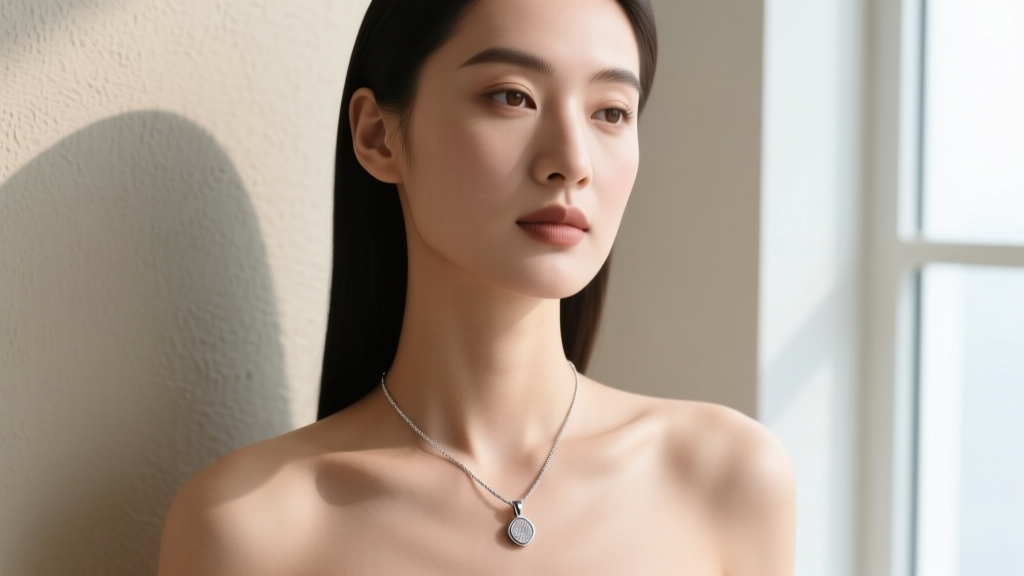 Woman wearing a delicate titanium pendant necklace, soft focus on collarbone, showing hypoallergenic jewelry for sensitive skin.