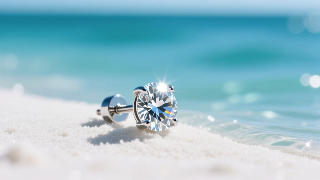 Close-up of a three-carat diamond stud earring with a platinum screw-back resting on white sand near shallow blue ocean water.