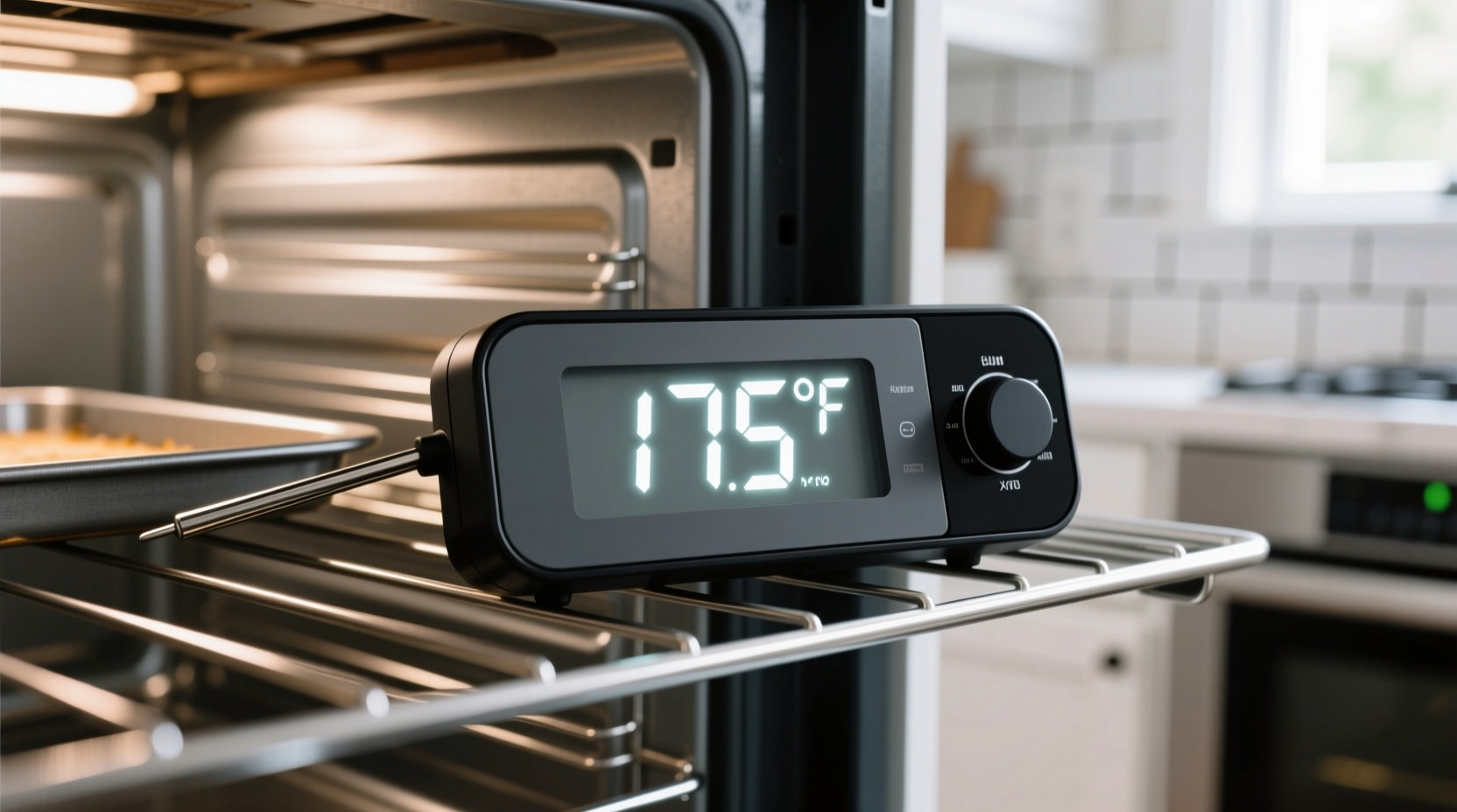 Oven thermometer showing 175 degrees Fahrenheit