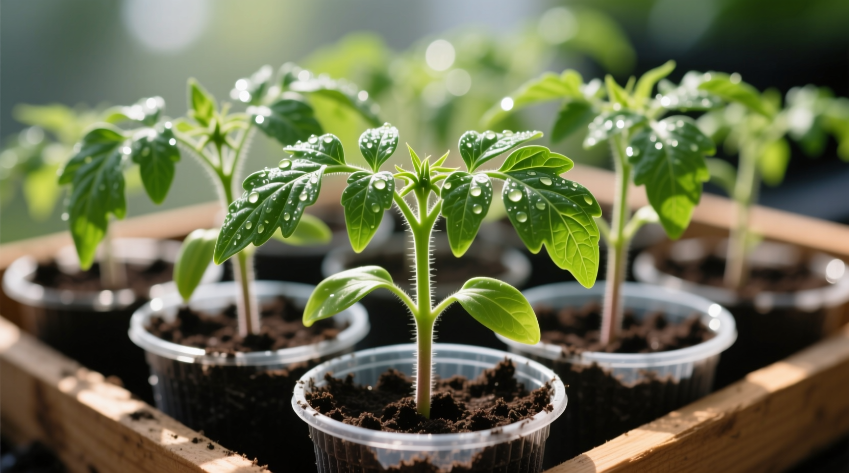 Healthy tomato seedlings with vibrant green leaves in nursery pots