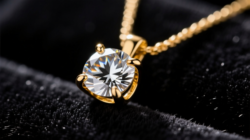 Close-up of a 1.5-carat diamond in a 14k yellow gold four-prong basket setting pendant resting on dark velvet.