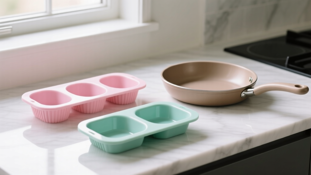 Pastel pink and mint green platinum-cured silicone baking molds arranged on a marble countertop next to a ceramic non-stick skillet