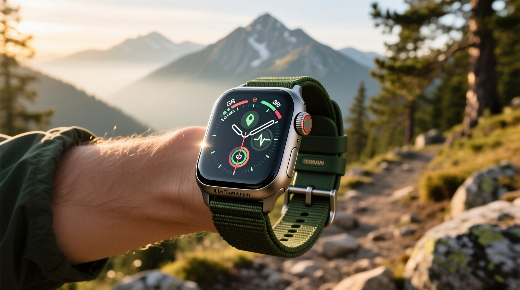 Apple Watch Ultra with a 49mm titanium case, featuring GPS, ECG, and a built-in dive computer, ideal for outdoor activities.