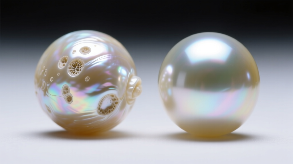 Macro photo comparing surface blemishes of a natural freshwater pearl next to the flawless coating of a simulated glass pearl