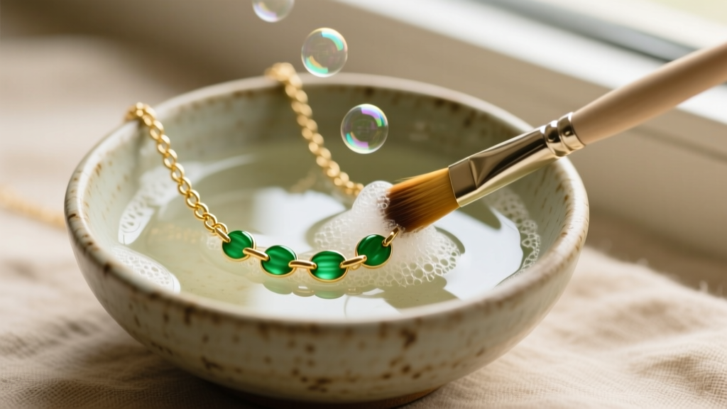 Gentle cleaning of a delicate green gold chain necklace in a small ceramic bowl of warm soapy water using a soft-bristled brush.