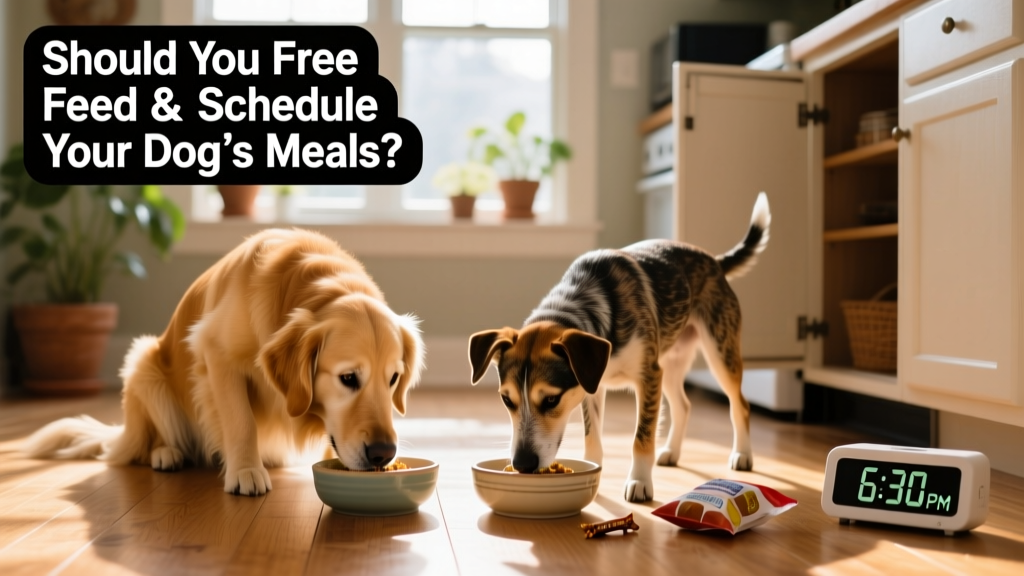 Two dogs calmly eating from separate bowls during a supervised mealtime