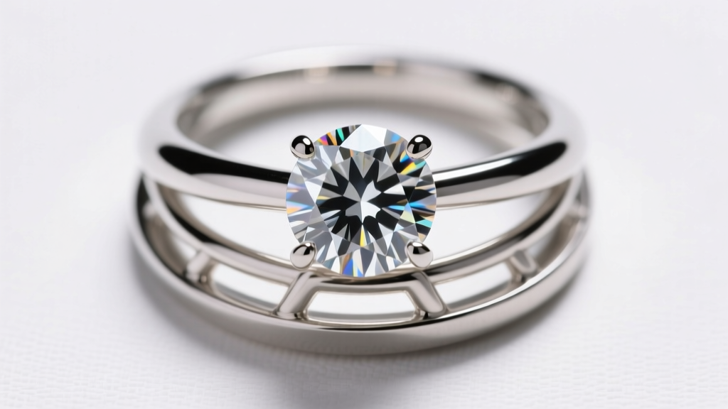 Top-down macro of a round diamond in a platinum basket setting, featuring a wide flat base plate and four thick metal prongs.