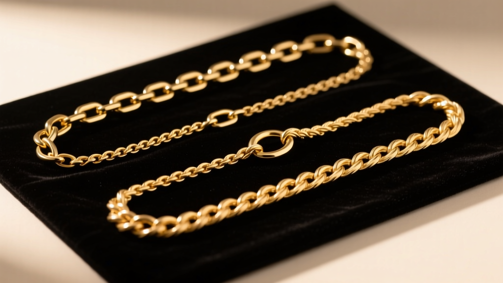 Thick Figaro, delicate Cable, and woven Rope gold chains laid flat on a dark velvet mat under soft, warm studio lighting.