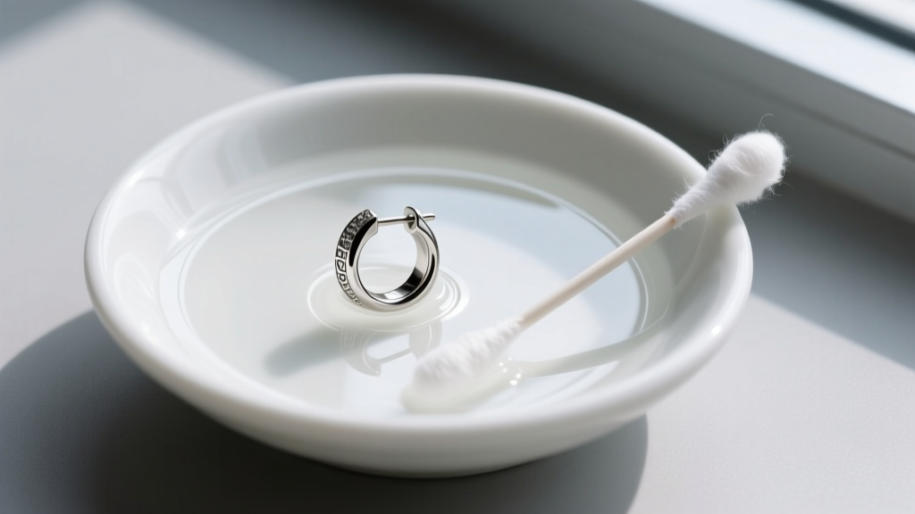 Overhead view of a titanium pressure earring soaking in sterile saline inside a ceramic dish, placed next to a clean cotton swab