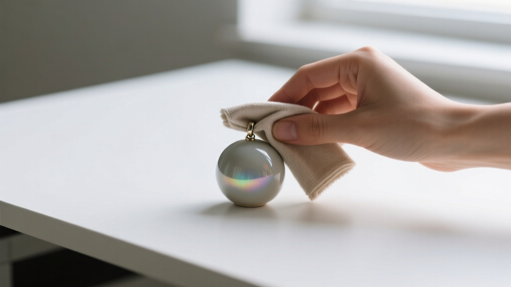 Hands wiping a round mood pendant with a dry microfiber cloth on a white desk, avoiding all liquid cleaning chemicals.