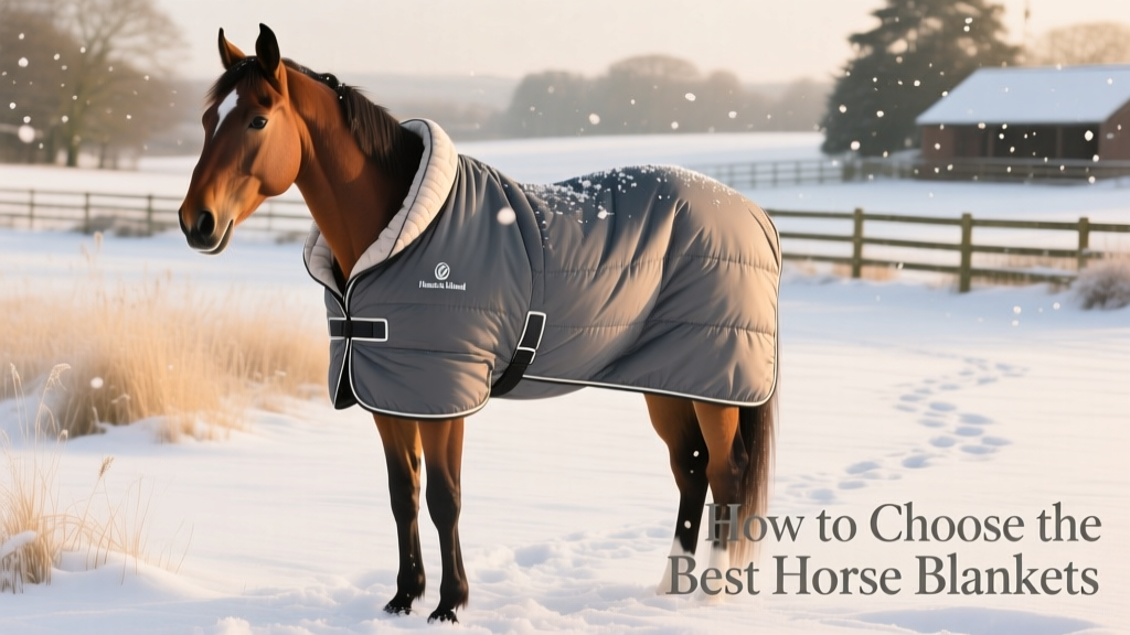 A horse wearing a well-fitted turnout blanket standing in a snowy paddock
