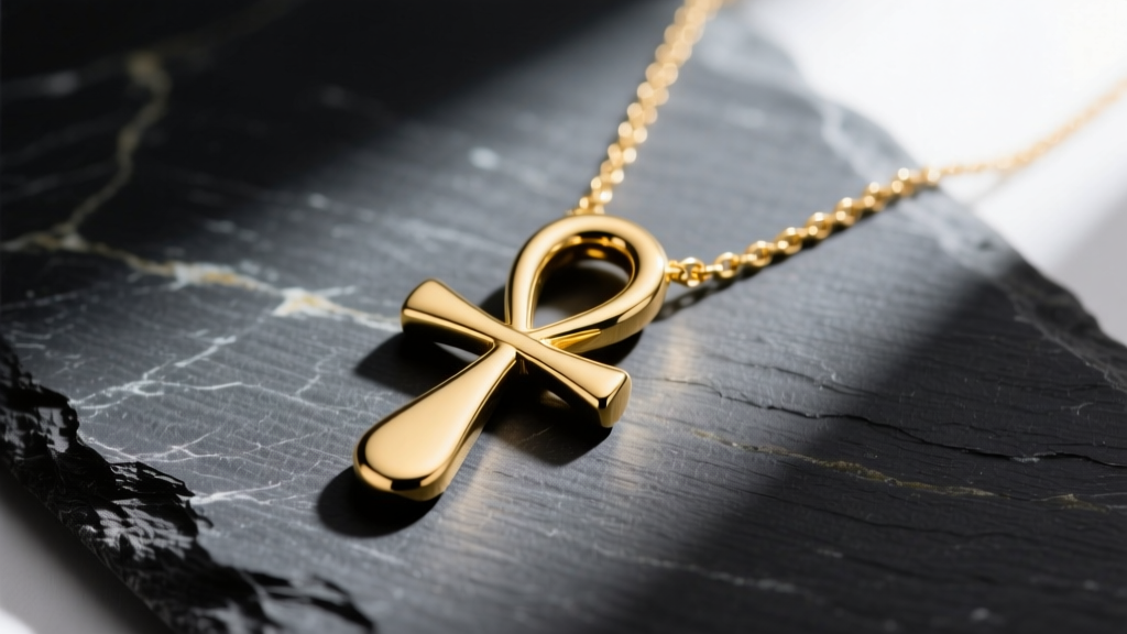 Close-up of a solid 14k yellow gold ankh necklace resting on dark slate, highlighting the teardrop loop and brushed matte finish.