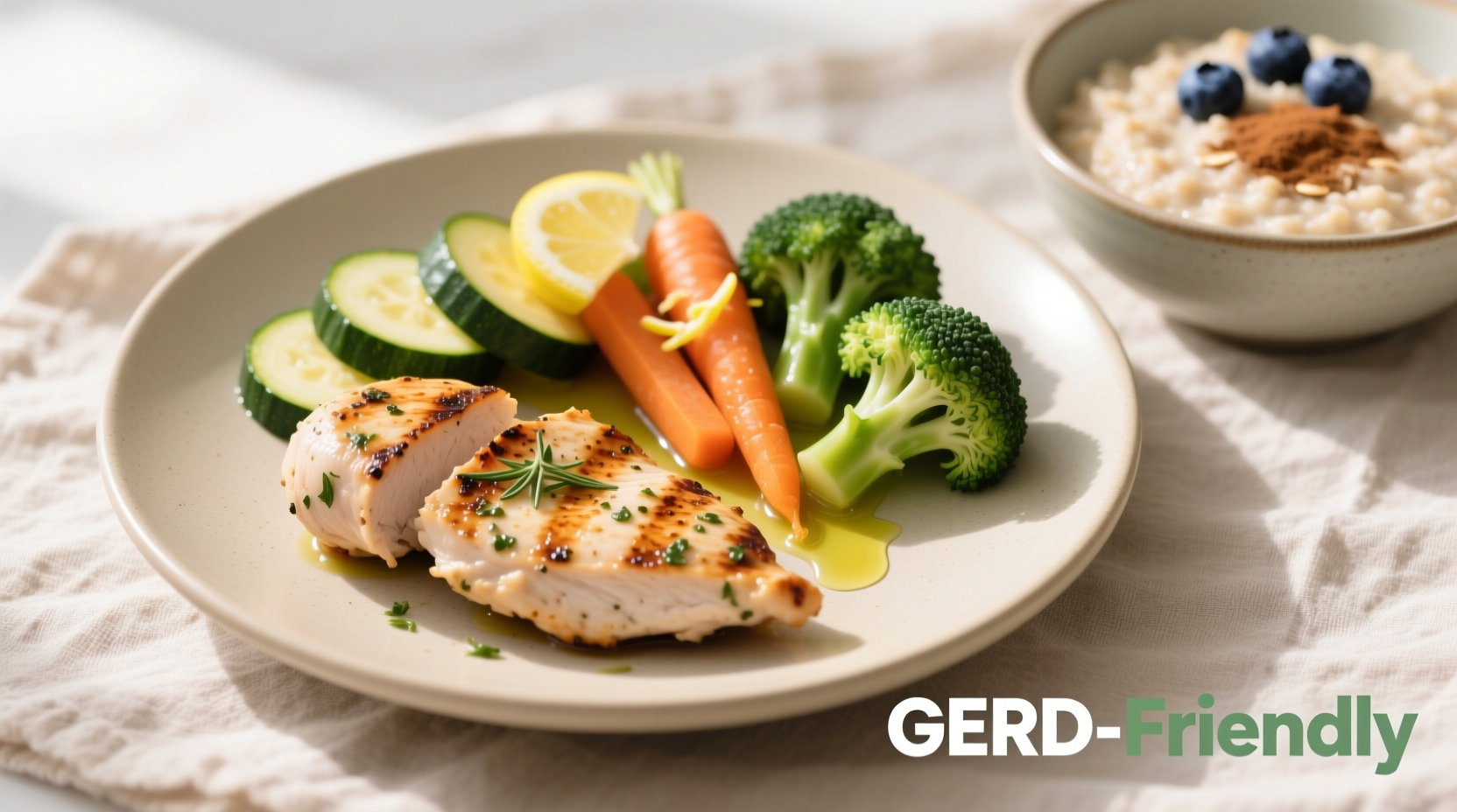 Healthy GERD-friendly meal with grilled chicken, steamed vegetables, and oatmeal