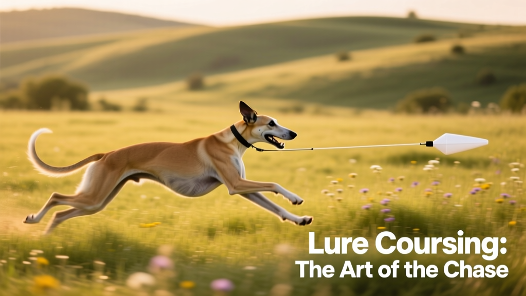 A lean sighthound sprinting across an open grassy field, focused intently on a white plastic lure trailing behind